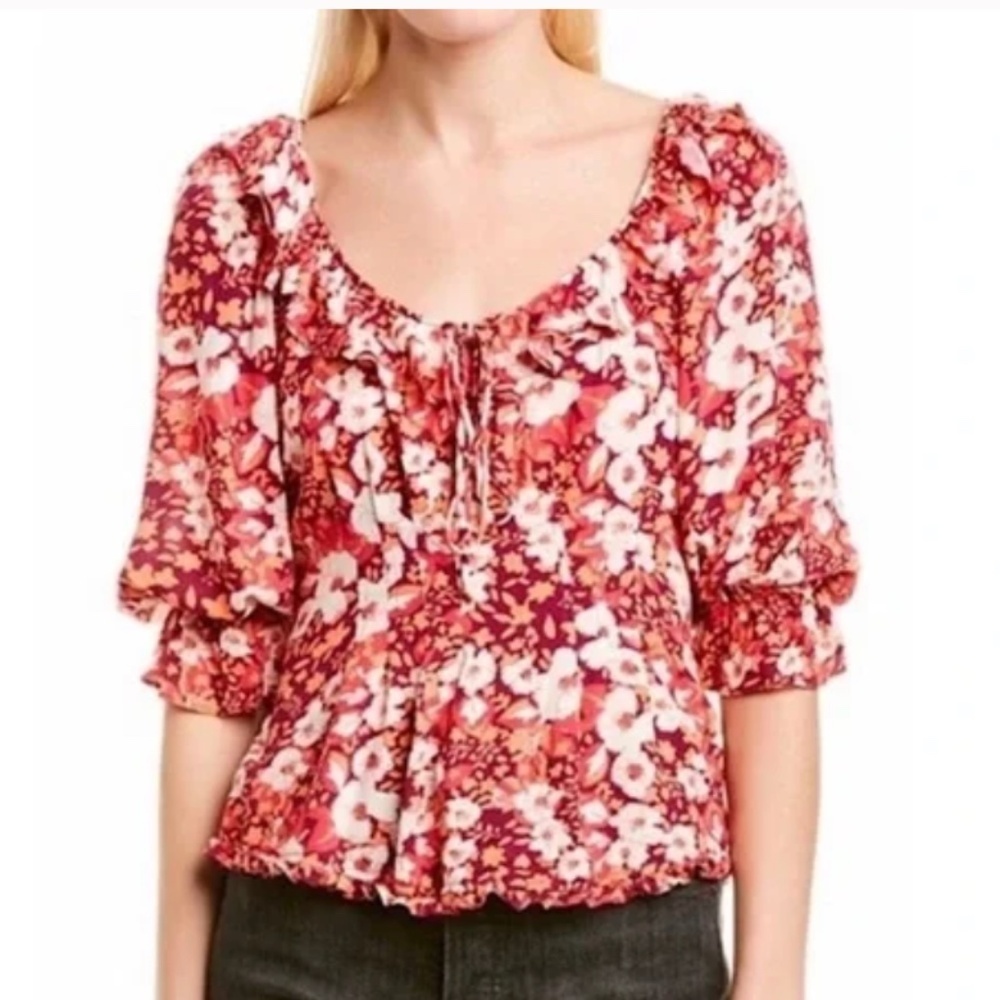 Free People Sweet Memories Pink Floral Ruffled Peplum Top